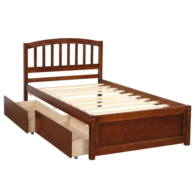 PAPROOS Bed Frame with Storage, Twin Size Wood Platform Bed with 2 Drawers, Modern Twin Size Bed for Boys Girls Teens Adults, No Box Spring Needed, Walnut