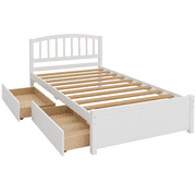 PAPROOS Bed Frame with Storage, Twin Size Wood Platform Bed with 2 Drawers, Modern Twin Size Bed for Boys Girls Teens Adults, No Box Spring Needed, White
