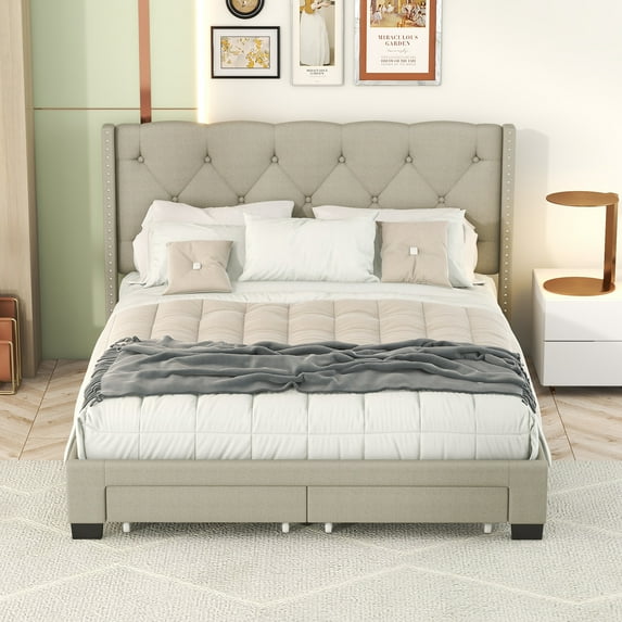 PAPROOS Beige Queen Size Upholstered Storage Bed, Modern Linen Upholstered Platform Bed with Button Tufted Headboard and 2 Drawers, No Box Spring Needed, Queen Bed Frame for Adults, 600lbs Capacity