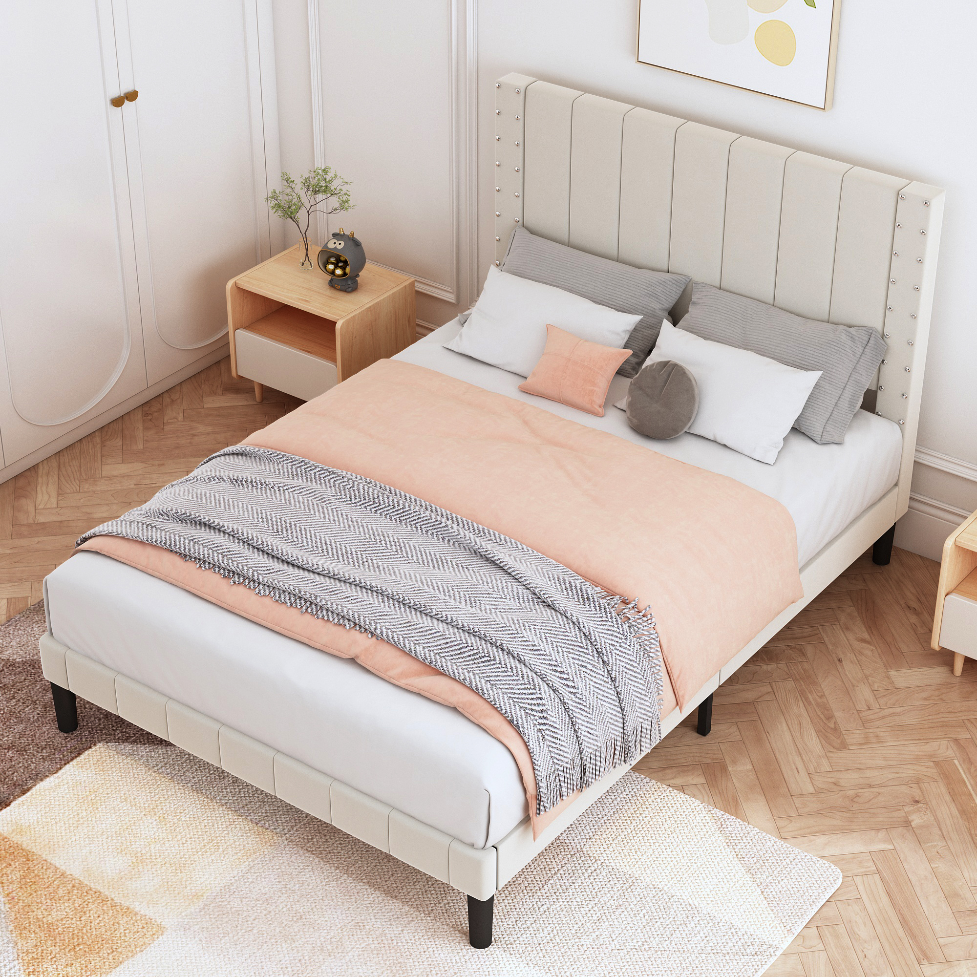 PAPROOS Beige Upholstered Platform Bed Full Size, Modern Fabric