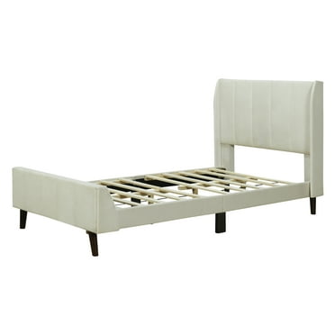 PAPROOS Beige Upholstered Platform Bed Twin Size, Modern Velvet Fabric Platform Bed with Headboard, Mattress Foundation, Twin Bed Frame for Kids Boys Girls, 600lbs Capacity, No Box Spring Needed