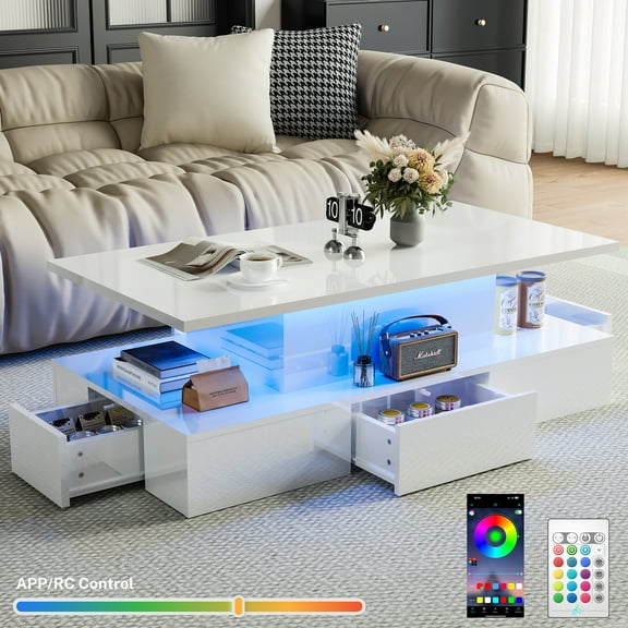 White LED Coffee Table for Living Room, PAPROOS Modern High Glossy Center Table with 4 Drawers, Smart Cocktail Table Rectangle, Sofa Side Tea Tables with LED Lights, 41"L×25"W×16"H