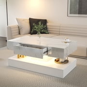 PAPROOS LED White Coffee Table 39" with 2 Drawers & Open Shelf   Modern High Gloss Center Table with Storage, Large Rectangle Living Room Coffee Table with Marble Print