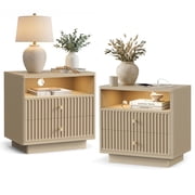 PAPROOS Nightstand Set of 2 with Charging Station, Large 2 Drawers Nightstand with Motion Sensor Light and Curved Corner Design, Fluted Extra Wide Bedside Table