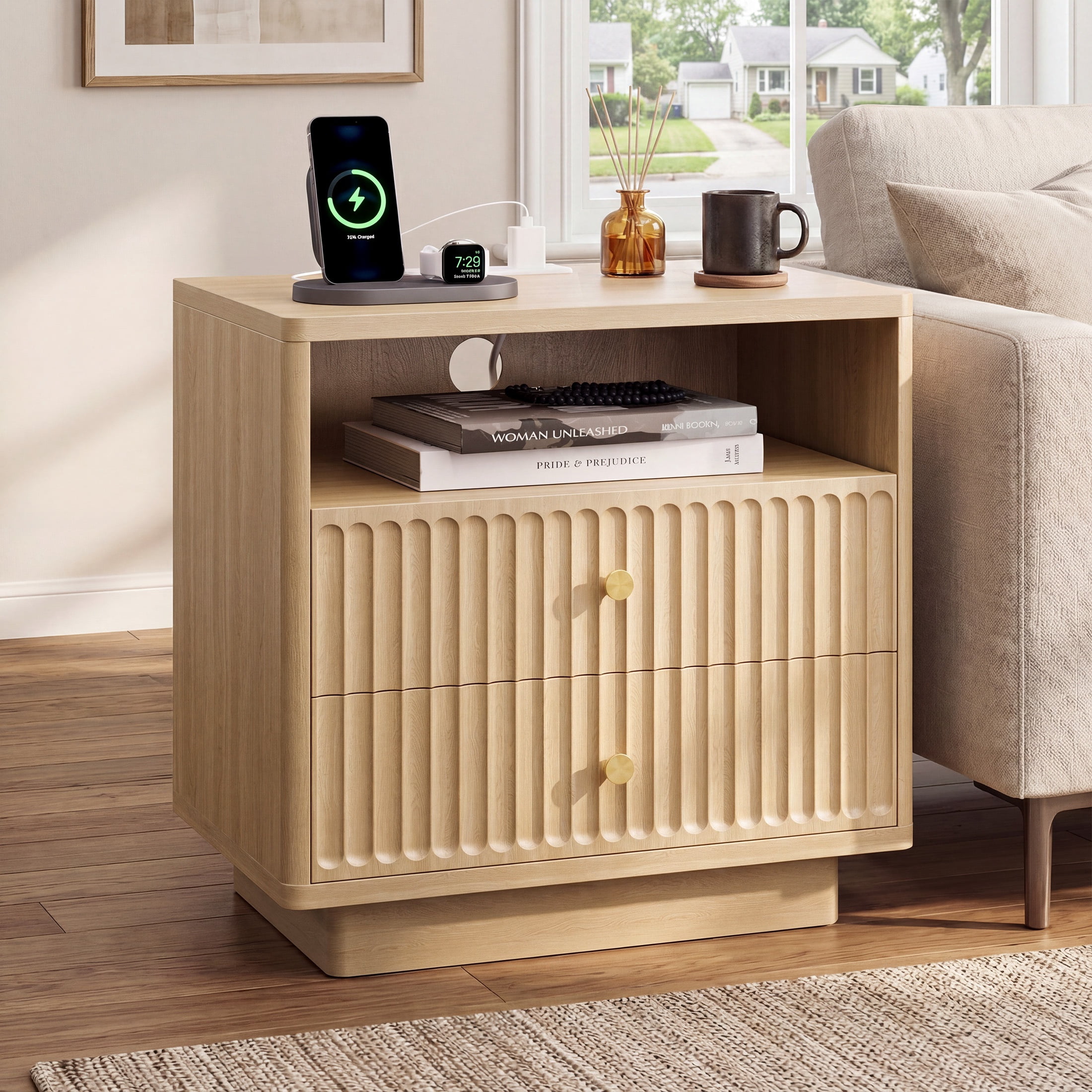 PAPROOS Nightstand with Charging Station, Large 2 Drawers Nightstand with Motion Sensor Light and Curved Corner Design, Fluted Extra Wide Bedside Table for Bedroom, Natural Oak