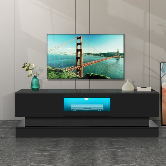 PAPROOS Black TV Stand for 70 Inch TV, New Upgraded High Glossy TV Cabinet with 16 Colors LED Lights, Modern TV Console Table with 2 Big Storage Drawers, Living Room Entertainment Center