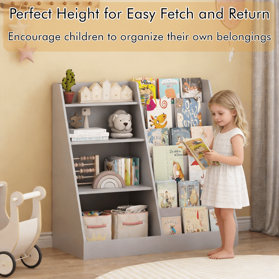 PAPROOS Kids Bookshelf and Toy Storage Organizer, Bookcase with Front-Facing Book Display, Kids Bookcase with Storage Shelves for Playroom, Nursery, Bedroom, Gray