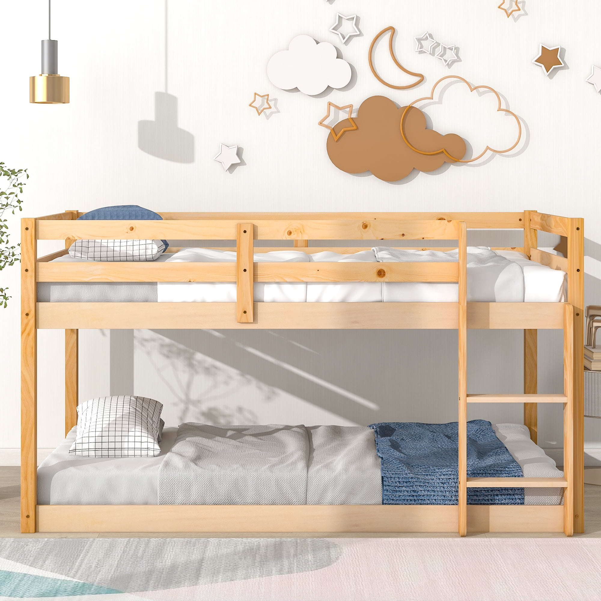 PORKISS Bunk Bed Twin Over Twin, Low Floor Bunk Bed for Kids with Guard Rails for Dorm, Small Space, No Box Spring Needed, Natural