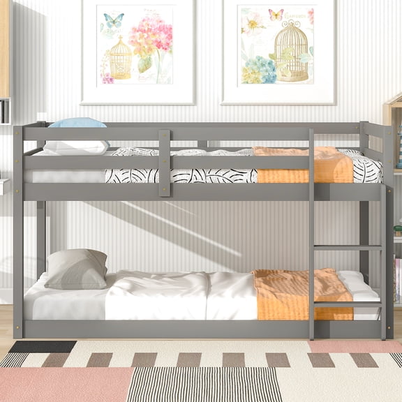 PORKISS Bunk Beds for Kids, Twin over Twin Floor Bunk Bed with Safety Rail and Ladder, Solid Wood Low Bunk Bed Frame for Boys Girls, No Box Spring Needed, Gray