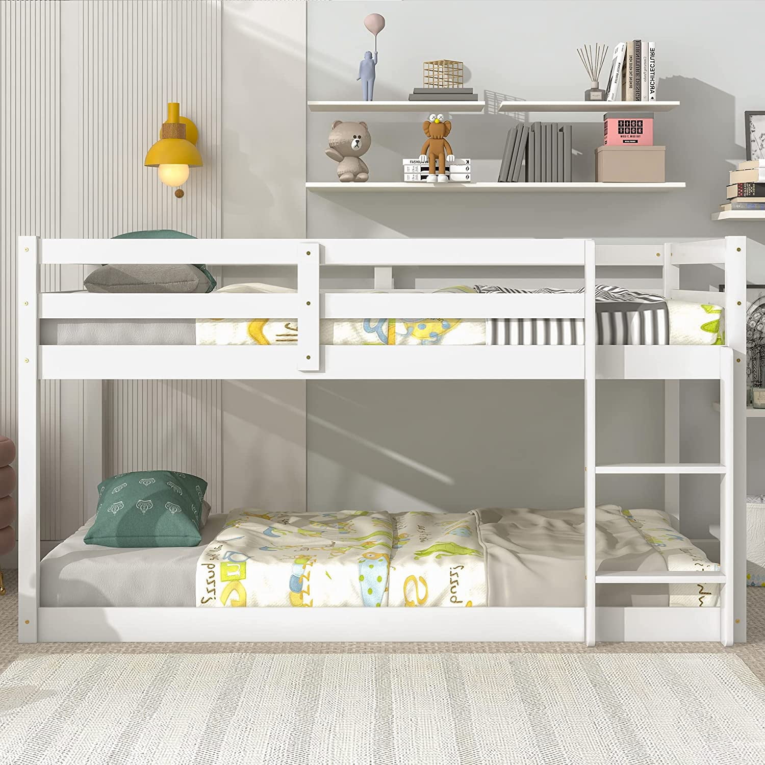 PORKISS Bunk Bed Twin Over Twin, Low Floor Bunk Bed for Kids with Guard Rails for Dorm, Small Space, No Box Spring Needed, White