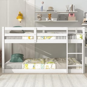 PORKISS Bunk Bed Twin Over Twin, Low Floor Bunk Bed for Kids with Guard Rails for Dorm, Small Space, No Box Spring Needed, White