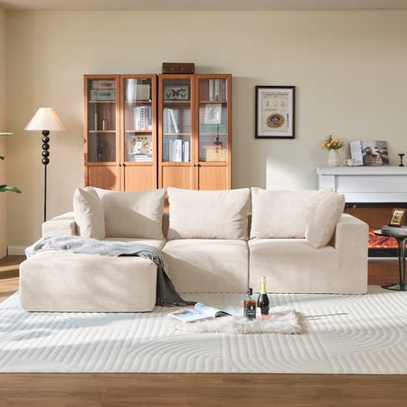 110" Modular Cloud Sectional Sofa with L-Shape Chaise, Modern Oversized Modular Sofa with Deep Seating, Cushion and Pillows, Compressed Upholstered Sofa Boneless Sofa, No Assembly Required, Beige