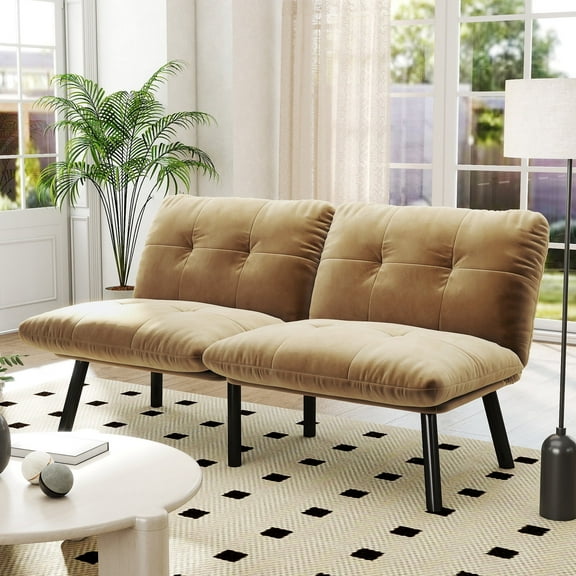 PAPROOS Convertible Futon Sofa Bed, 63'' Folding Sofa Bed Couch, Velvet Upholstered Futon Couch, Sofa Bed Couch, Loveseat Recliner Sleeper for Living Room, Small Space, Apartment, Brown