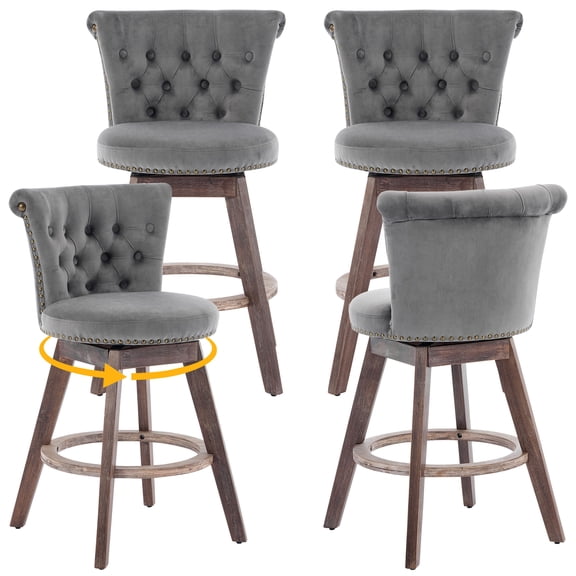 PAPROOS Counter Height Bar Stools Set of 4, 26” Swivel Bar Stools with Tufted Back and Nailhead Trim, Velvet Upholstered Kitchen Island Counter Stools with Solid Wood Legs and Footrest, Grey