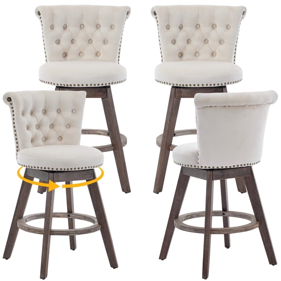 PAPROOS Counter Height Bar Stools Set of 4, 26” Swivel Bar Stools with Tufted Back and Nailhead Trim, Velvet Upholstered Kitchen Island Counter Stools with Solid Wood Legs and Footrest, Beige