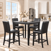 PAPROOS Counter Height Dining Table Set for 4, 5 Piece Solid Wood Dining Room Set with Crystal Decoration Square Table and 4 Upholstered Chairs, Black