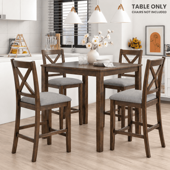 PAPROOS Counter Height Dining Table, Solid Wood Square Kitchen Table for Small Space, Modern Farmhouse Acacia Wooden Dining Table, Walnut(Table Only)