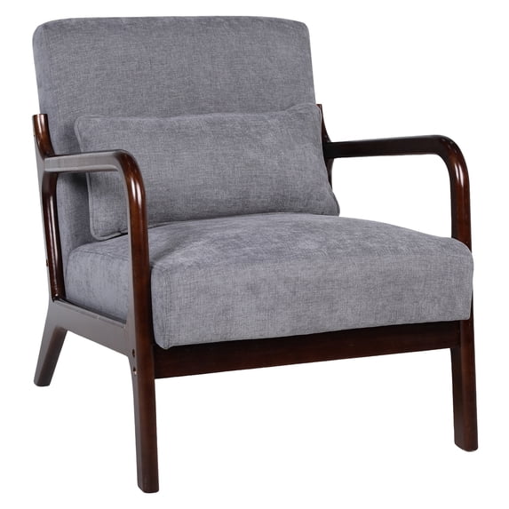PAPROOS Dark Grey Accent Chair with Arms, Upholstered Reading Chair with Solid Frame, Lumbar Pillow, Mid-Century Modern Style for Living Room Bedroom