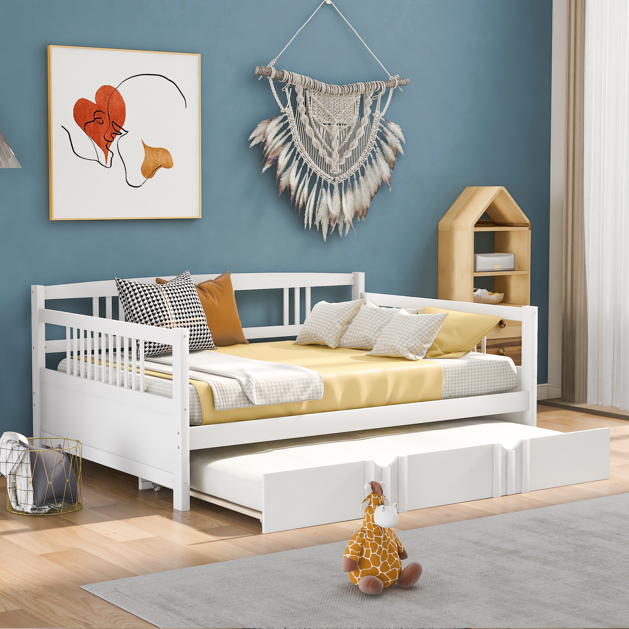 PAPROOS Daybed with Trundle Included, Full Size Daybed Bed Frame with Pull Out Trundle Bed and Wooden Slats, Solid Wood Sofa Bed Full Daybed, No Box Spring Needed, White - image 1 of 12