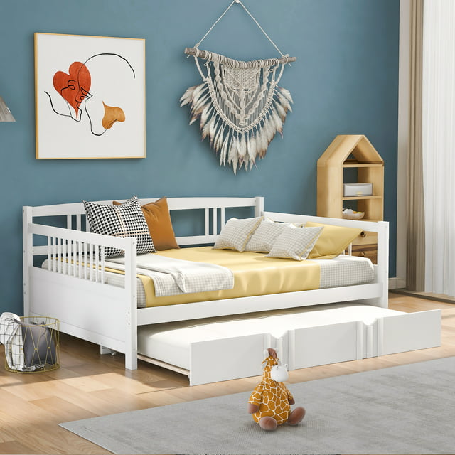 PAPROOS Daybed with Trundle Included, Full Size Daybed Bed Frame with Pull Out Trundle Bed and Wooden Slats, Solid Wood Sofa Bed Full Daybed, No Box Spring Needed, White