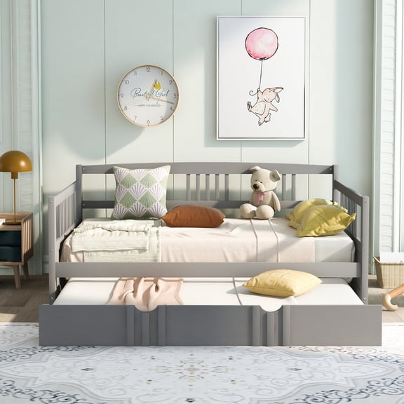 PAPROOS Daybed with Trundle Included, Full Size Daybed Bed Frame with Pull Out Trundle Bed and Wooden Slats, Solid Wood Sofa Bed Full Daybed, No Box Spring Needed, Gray