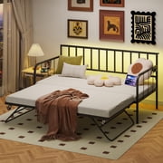 PAPROOS Daybed with Trundle Included, Twin Size Metal Daybed Frame with Charging Station and LED Light, Heavy Duty Sofa Bed for Living Room, Bedroom and Guest Room, No Box Spring Needed, Black