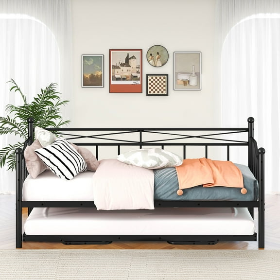 PAPROOS Daybed with Trundle Included, Twin Size Metal Daybed Frame with Pull out Trundle Bed, No Box Spring Needed, Black