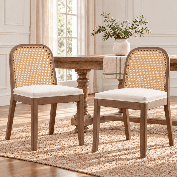 PAPROOS Dining Chairs Set of 2, Chenille Upholstered Kitchen Chairs with Curved Cane Back, Solid Wood Frame, Modern Farmhouse Rattan Dining Room Chairs for Kitchen, Living Room, Beige
