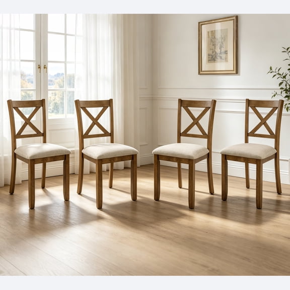 PAPROOS Dining Chairs Set of 4, Solid Wooden Dining Chairs with Padded Seat, Kitchen Chair with X-shaped Backrest for Dining Room, Oak