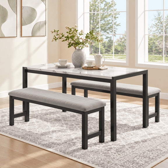 PAPROOS Dining Table Set for 4, 3-Piece Kitchen Table Set with 2 Velvet Benches, Metal Frame, Modern Dining Room Set for Home, Cafeteria, Bar, Gray+White
