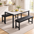 thumbnail image 1 of PAPROOS Dining Table Set for 4, 3-Piece Kitchen Table Set with 2 Velvet Benches, Metal Frame, Modern Dining Room Set for Home, Cafeteria, Bar, White + Black, 1 of 8