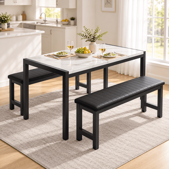 PAPROOS Dining Table Set for 4, 3-Piece Kitchen Table Set with 2 Velvet Benches, Metal Frame, Modern Dining Room Set for Home, Cafeteria, Bar, White + Black