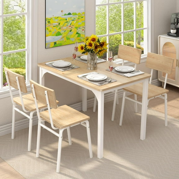 PAPROOS Dining Table Set for 4, Farmhouse Rectangle Wood Kitchen Table with 4 Wood Chairs, Dining Room Set for Breakfast Nook, Small Places, Restaurant, Natural