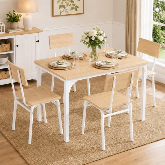 PAPROOS Dining Table Set for 4, Farmhouse Rectangle Wood Kitchen Table with 4 Wood Chairs, Dining Room Set for Breakfast Nook, Small Places, Restaurant, Natural
