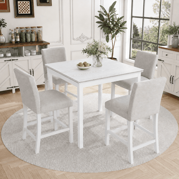 PAPROOS Dining Table Set for 4, 5 Piece Solid Wood Dining Room Set with Square Table and 4 Upholstered Chairs, Counter Height Kitchen Table with Crystal Decoration and Chair Set, White