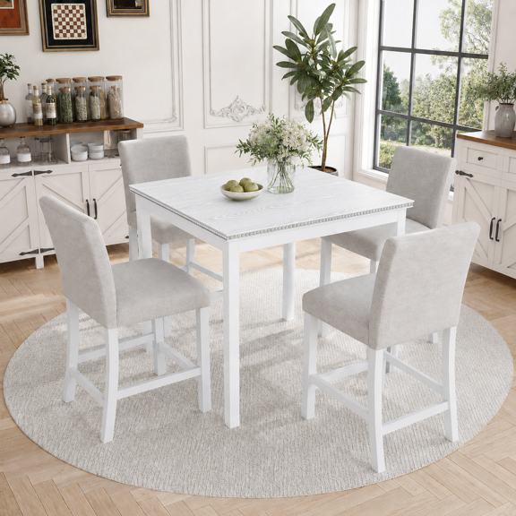 PAPROOS Dining Table Set for 4, 5 Piece Solid Wood Dining Room Set with Square Table and 4 Upholstered Chairs, Counter Height Kitchen Table with Crystal Decoration and Chair Set, White