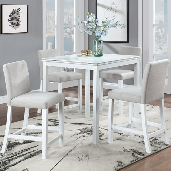 PAPROOS Dining Table Set for 4, 5 Piece Solid Wood Dining Room Set with Square Table and 4 Upholstered Chairs, Counter Height Kitchen Table with Crystal Decoration and Chair Set, White