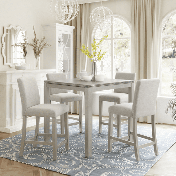 PAPROOS Dining Table Set for 4, 5 Piece Solid Wood Dining Room Set with Square Table and 4 Upholstered Chairs, Counter Height Kitchen Table with Crystal Decoration and Chair Set, Silver Grey