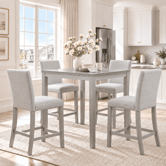 PAPROOS Counter Height Dining Table Set for 4, 5 Piece Solid Wood Dining Room Set with Crystal Decoration Square Table and 4 Upholstered Chairs, Silver Grey