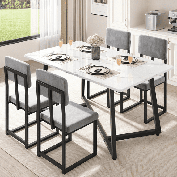 PAPROOS Dining Table Set for 4, 5 Piece Dining Room Table Set with Faux Marble Top and Fabric Upholstery Chairs, Modern Dinette Sets for Breakfast Nook, Kitchen Table and Chairs Set, White&Gray