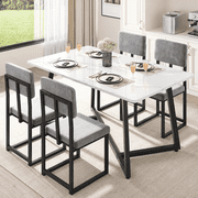 PAPROOS Dining Table Set for 4, 5 Piece Dining Room Table Set with Faux Marble Top and Fabric Upholstery Chairs, Modern Dinette Sets for Breakfast Nook, Kitchen Table and Chairs Set, White&Gray