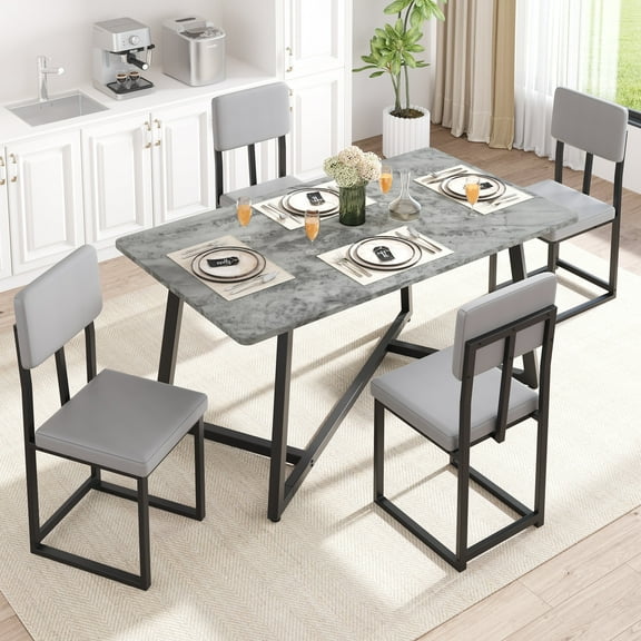 PAPROOS Dining Table Set for 4, 5 Piece Dining Room Table Set with Faux Marble Top and Leather Upholstery Chairs, Modern Dinette Sets for Breakfast Nook, Kitchen Table and Chairs Set, Gray