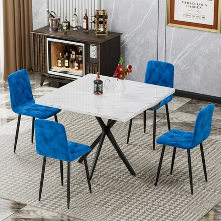PAPROOS 5 Piece Dining Table Set, Square Dining Room Set for 4, Faux Marble Kitchen Table and 4 Velvet Upholstered Chairs, Dining Set for Breakfast Nook, Small Place, White+Blue