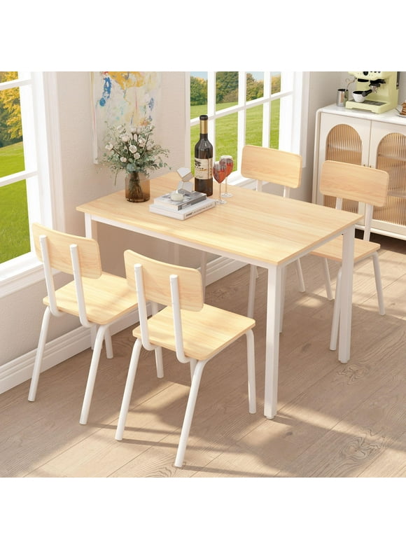 PAPROOS Dining Table Set for 4, 5 Piece Dining Room Set with 4 Wood Chairs, Farmhouse Rectangle Wood Kitchen Table Set for Breakfast Nook, Small Places, Restaurant, Natural