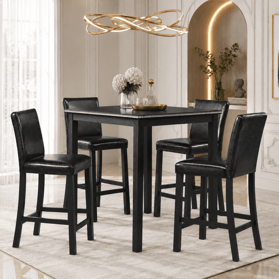 PAPROOS Dining Table Set for 4, 5 Piece Solid Wood Dining Room Set with Square Table and 4 Upholstered Chairs, Counter Height Kitchen Table with Crystal Decoration and Chair Set, Black