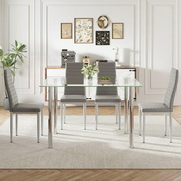 PAPROOS Dining Table Set for 4, Modern Kitchen Table Sets with Tempered Glass Dining Table and 4 PU Leather Chairs, Compact Dining Room Set for Small Space, Home Dinette Set for 4, Gray