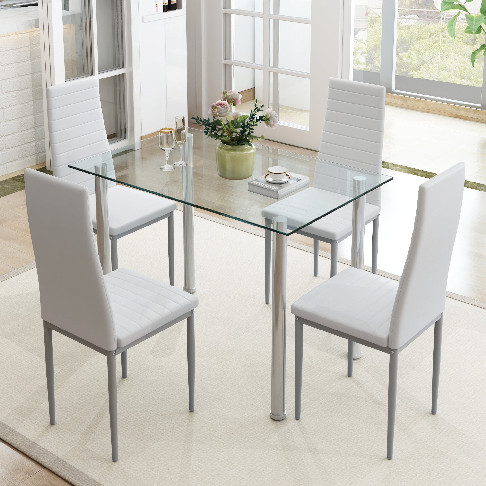 Small Set PAPROOS 4-Piece Modern Dining Set, Tempered Glass Table & PU Leather ...
