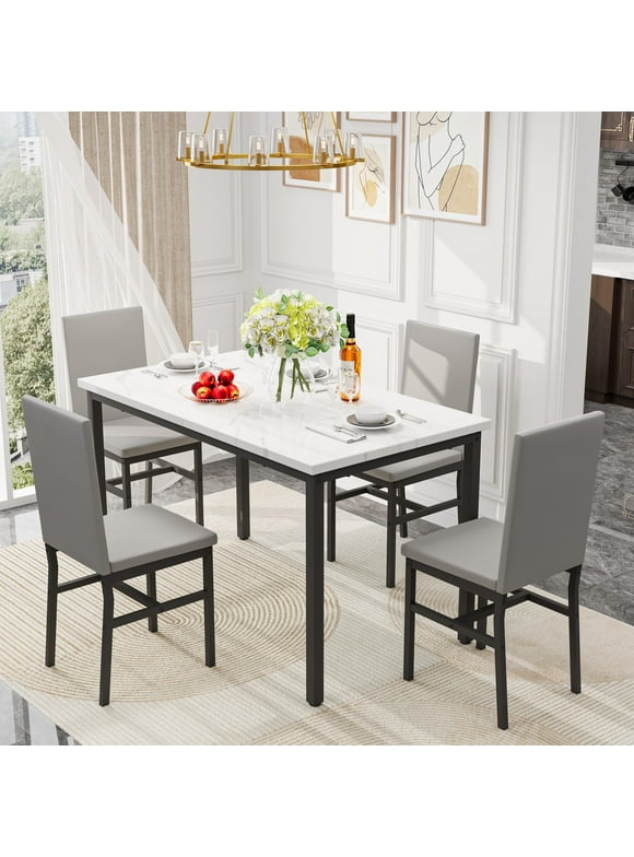 PAPROOS Dining Table Set for 4, Modern 5-Piece Kitchen Table Set with Faux Marble Top and Velvet Upholstery Chairs, Heavy Duty Dinette Sets for Breakfast Nook, Dining Room Table and Chairs, Gray