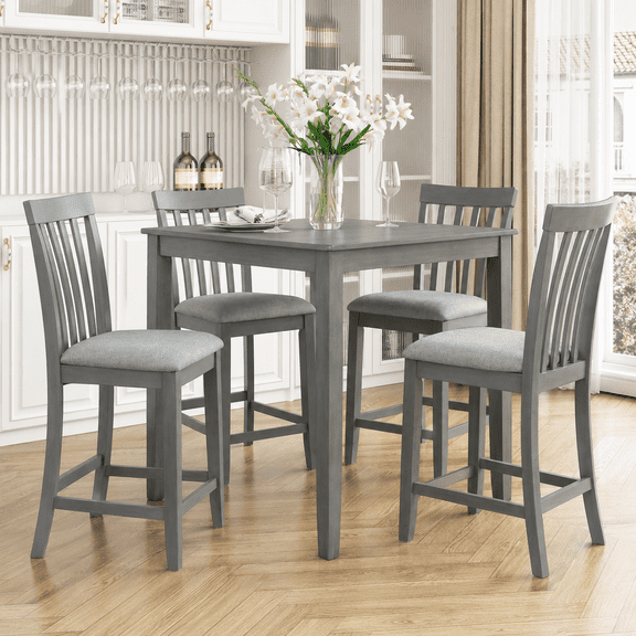 PAPROOS Solid Wood Dining Table, Counter Height Square Kitchen Table for Small Space, Farmhouse Acacia Wooden Dinner Table for 4, Gray(Only Table)
