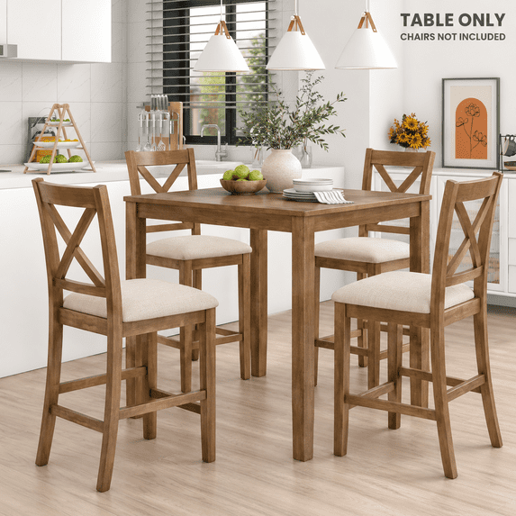 PAPROOS Counter Height Dining Table, Solid Wood Square Kitchen Table for Small Space, Modern Farmhouse Acacia Wooden Dining Table, Oak(Table Only)